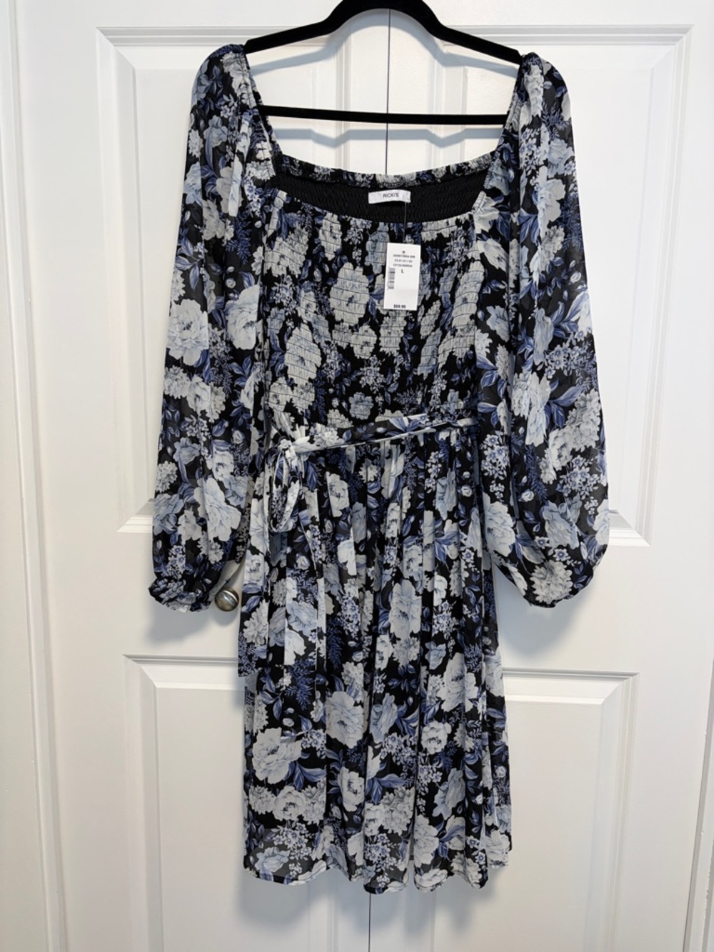 Ricki's Black and Blue Floral Smocked Waist Long Sleeve Dress